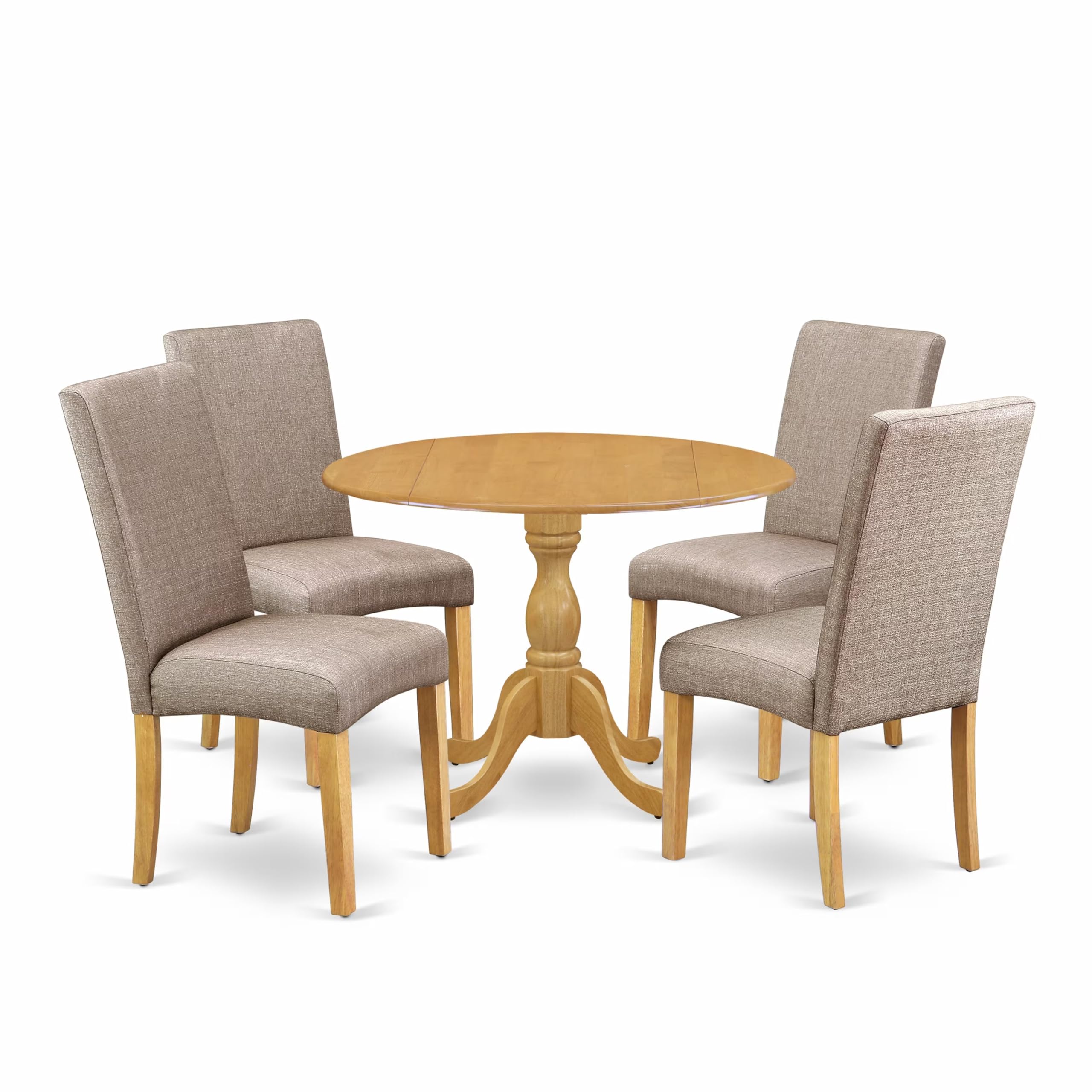 East West Furniture DMDR5-OAK-16 5 Piece Dining Set Includes a Round Dining Room Table with Dropleaf and 4 Dark Khaki Linen Fabric Upholstered Parson Chairs, 42x42 Inch, Oak